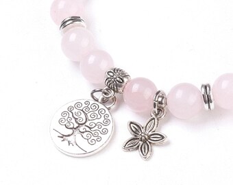 Natural Rose Quartz Stretch Bracelet Tree of Life and Flower, Gift-wrapped