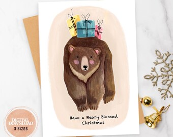 Weihnachtskarte druckbare Saison Grußkarte für Weihnachten, digitaler Download Weihnachtskarte mit Bär, Bär Weihnachtskarte, Winterkarte