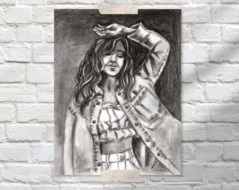 Ästhetische Mädchen Kohle Zeichnung, Schwarz & Weiß Porträt Kunstdruck, Digitale schwarz-weiß Kohle Wand-Dekor, Kohle Skizze druckbar