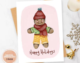 Frohe Feiertage Ginger Bread druckbare Saison Grußkarte für Geschenke, digitaler download Weihnachtskarte niedlich, Spaß Weihnachtskarte, Winterkarten