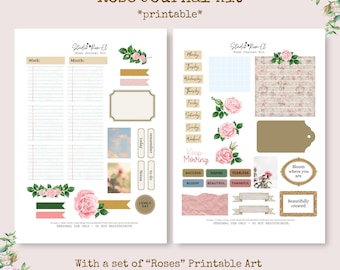 Rose Journal Kit druckbares Planer-Bundle, tägliche und wöchentliche Journaldekoration für Planer, ästhetische Wochenübersicht, Rosenkunst für Journal