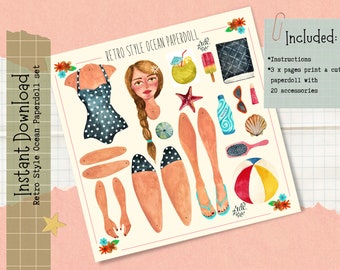 Retro-Stil Papierpuppe, druckbares Projekt, DIY Papierprojekt digitaler herunterladbarer Papierpuppenspaß für Kinder, Spaß für Erwachsene, herunterladbares DIY