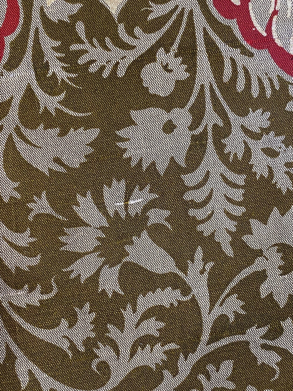 FABRIC Floral Patterned Silk Olive Green Creme and Red Etsy