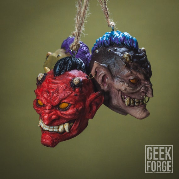 Fantasy Goblin Head Ornament – Oni-Inspired Hanging Sculpture – DnD Creature Art