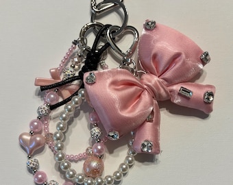 Pink Bow Purse Charm | Handmade Bag Accessory with Pearls & Rhinestones | Cute Bow Keychain | Girly Gift for Her
