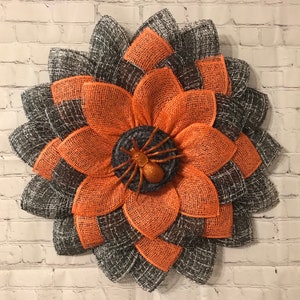 Halloween flower with spider for front door, cute spider wreath for wall decor, orange and black flower door hanger