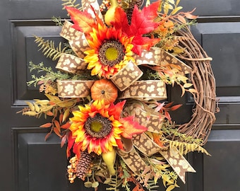 Fall sunflower grapevine wreath for front door, Fall Harvest Leaves, Farmhouse Style Holiday Wall Decor, Seasonal Home Decor