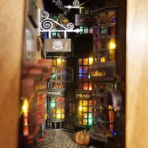 Diagon Alley Book Nook – Magical Bookshelf Insert, Handmade Bookend Gift for Readers