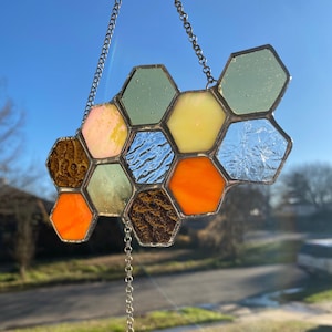 Honeybee suncatcher honeycomb yellow and gold stained glass window hanging mothers day gift