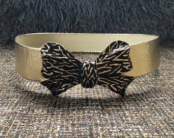 Gorgeous Mimi Di N Gold Belt with Weighty Black and Gold Metal Bow Clasp, Signed 1987