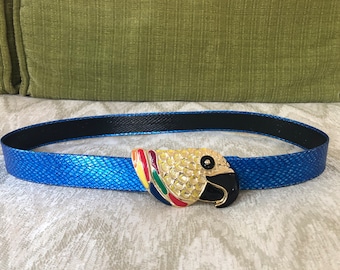 Fabulous Fun Mimi Di N Shimmery Blue Snakeskin Belt with Metal Multi--Colored Parrot Head Buckle, Signed 1987