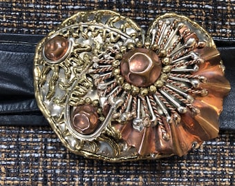 Hand-Crafted Sash-Style Brown Belt with Fantastical One-of-a-Kind Giant Ornate Two-Tone Metal Belt Buckle, Unsigned