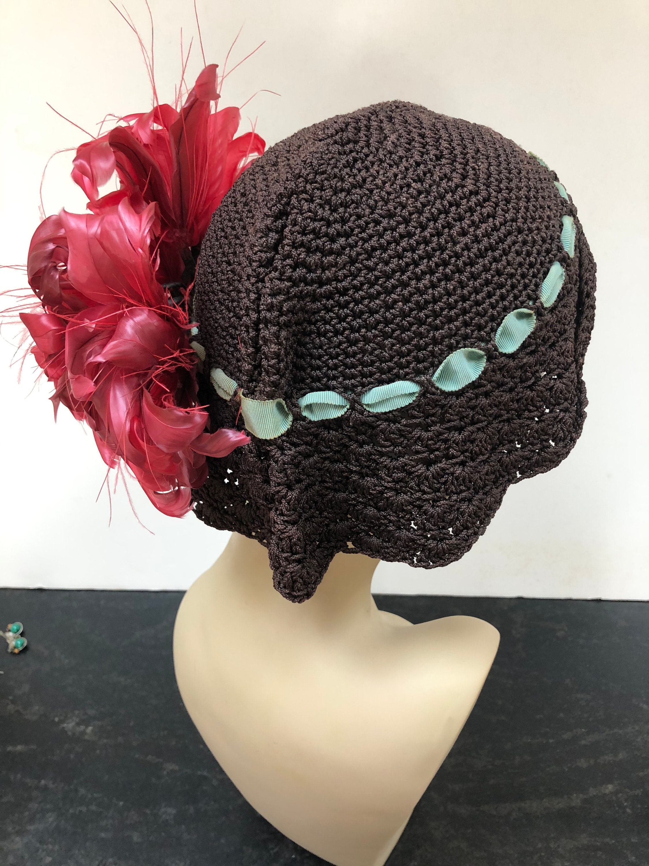 Vintage 1930s Navy Crochet Cloche Hat Gold Lace Trim Ribbon Bow Women’s One Size Lace Cloche Vintage Hats for Women for sale | eBay main image 2