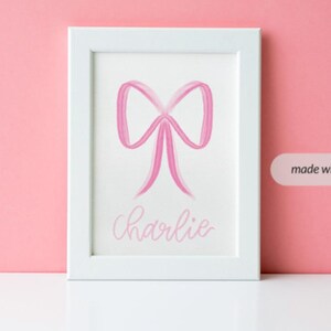 AANGEPASTE aquarel roze strik meisje/baby naam kunst aan de muur