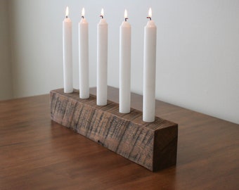 Reclaimed Solid Oak Rustic 5 Place Taper Candle Holder -- Handmade Wooden Centerpiece