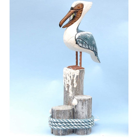Wooden Pelicans Figurine Hand Painted Bird Statue Coastal Etsy