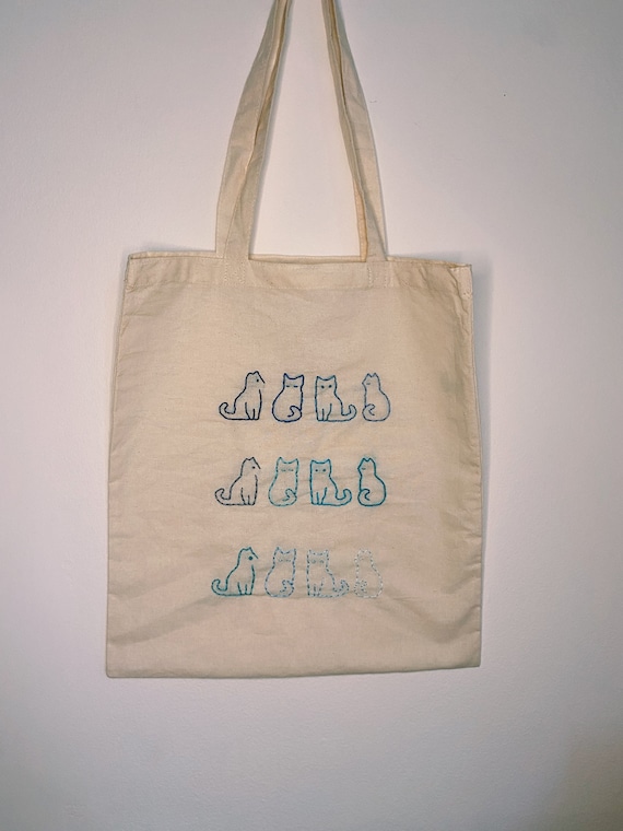 Sac En Tissu Beige Motif Chat Cousu Main - Idée Cadeau De Noël - Neuf Avec étiquettes