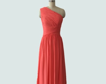 Custom Handmade One Shoulder Coral Chiffon Long Bridesmaid Dress, Floor Length Wedding Party/Prom/Formal Evening Dress