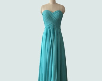 Strapless Sweetheart Full Length Long Turquoise Chiffon Bridesmaid Dress, Floor Length Chiffon Wedding Party/Prom/Formal Evening Dress