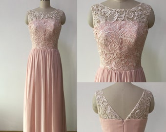 Straps Scoop Neck Pearl Pink Floor Length Lace Match Chiffon Girl's Bridesmaid Dress, Women's Formal Evening Dress Prom Dress Ball Gown