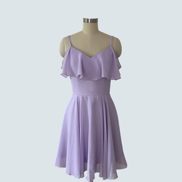 Spaghetti Straps Ruffles Sweetheart Short Lavender Chiffon Women's Bridesmaid Dress, Junior Girl's Prom Evening Dress Beach Wedding Dress