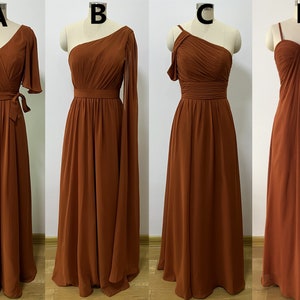 Brunt Orange Four Styles Group Long Chiffon Bridesmaid Dresses, Spaghetti Straps One Shoulder Off Shoulder Wedding/Prom/Evening/Formal Dress