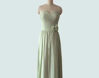 Sage Strapless Sweetheart Floor Length Chiffon Long Bridesmaid Dress with Waist Flower, Flower Wedding Party/Prom/Evening Party Dress