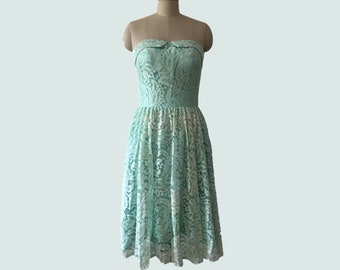 Strapless Short Mint Green Lace Short Bridesmaid Dress, Lace Formal Party Dress, Knee-Length Lace Wedding Party Dress