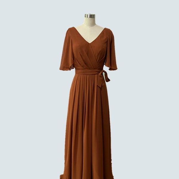 Off Shoulder V Neck Floor Length Burnt Orange Bow Tie Pleats Chiffon Bridesmaid Dress, Rust Wedding/Prom/Evening/Party Dress, Formal Dresses