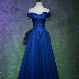 Royal Blue Ball Gown With 3D Floral Applique And Lace Tulle 2021