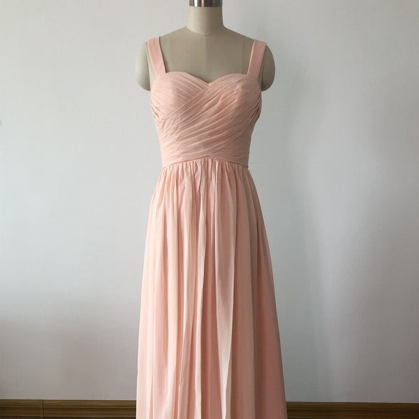 Straps Sweetheart Floor Length Light Peach Chiffon Long Bridesmaid Dress, Long Chiffon Wedding Party/Prom/Evening Dress