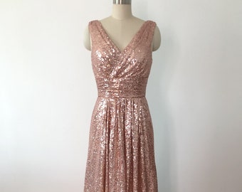 Straps V Neck V Back Rose Gold Floor Length Sequins Bridesmaid Dress, Long Sequins Girl's Prom Dress Formal Evening Dress Homecoming Dress