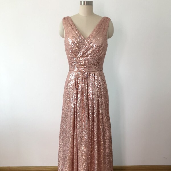 Straps V Neck V Back Rose Gold Floor Length Sequins Bridesmaid Dress, Long Sequins Girl's Prom Dress Formal Evening Dress Homecoming Dress