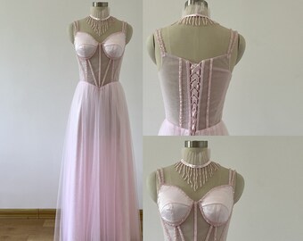 Vintage Pink Beads Straps Sweetheart Tulle Prom Dress with Beading NeckLace, Formal Dress Ball Gown Princess Dress Evening Party Dress