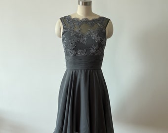 A-Line Scoop Neck Straps Charcoal Grey Lace&Chiffon Knee Length Bridesmaid Dress , Short Length Wedding Party/Prom/Evening/Formal Dress