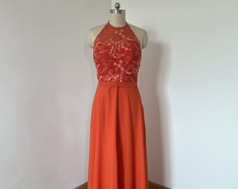 Bright Orange Appliques Chiffon 3D Flowers Low Back Long Prom Dress, Embroidery Bridesmaid Dress Ball Gown Sweet Party Dress Evening Dress