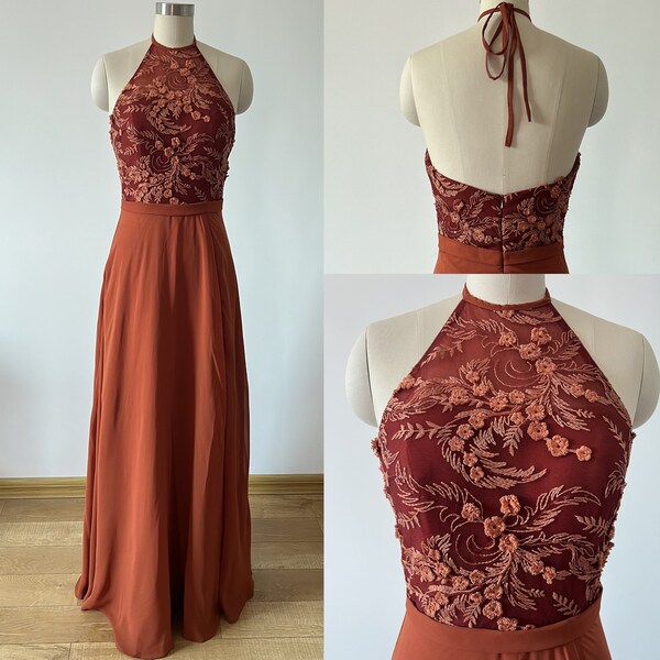 Appliques orange brûlé en mousseline de soie fleurs 3D dos bas longue robe de bal, robe de demoiselle d'honneur broderie robe de bal robe de soirée douce robe de soirée