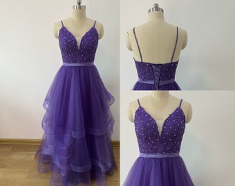 Purple Spaghetti Straps V Neck Beads Lace Appliques Tiers Tulle Skirt Long Prom Dress, Ball Gown, Sweet 16 Dress, Formal Evening Party Dress