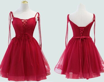 Spaghetti Straps A Line Corset Tulle Prom Dress Cocktail Party Gown Evening Dress Ball Gown Homecoming Dress