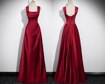 Träger U-Ausschnitt, Korsett-Rücken, ganzlanges Satin-Abschlussballkleid, Ballkleid, formelles Partykleid, Abend-Partykleid, Satin-Brautjungfernkleid