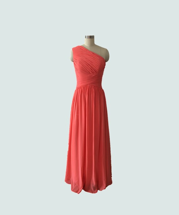 Custom Handmade One Shoulder Coral Chiffon Long Bridesmaid Dress