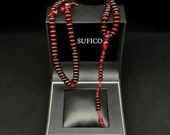 SufiCo - Red Yusr Tasbih Coral Sufi Tijani Tasbih Prayer Beads With Prophetic Sandal Nalayn Shareef Ramadan Gift Handmade Tasbeeh