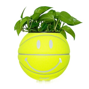 May include: A yellow smiley face planter shaped like a tennis ball with a green plant growing out of the top.