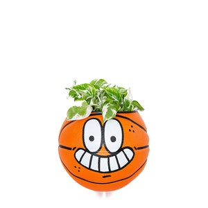 May include: A white and green plant growing in a bright orange basketball planter with a smiling face.