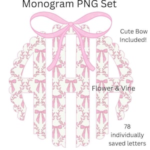 Monograma de laços rosa Dia dos namorados Monograma de laço PNG, Conjunto de alfabeto PNG de monograma de laço coquete, Monograma de corações PNG, Preppy
