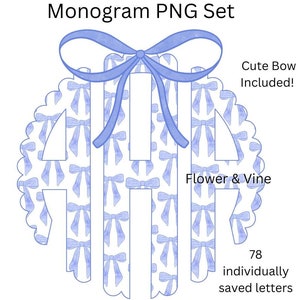 Monogramma fiocchi blu acquerello fiocco di San Valentino monogramma PNG, monogramma fiocco Coquette PNG set alfabeto, monogramma cuori PNG, preppy