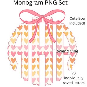 Cuori arcobaleno San Valentino con fiocco monogramma PNG, Coquette fiocco monogramma PNG set alfabeto, cuori monogramma PNG primavera monogramma estate
