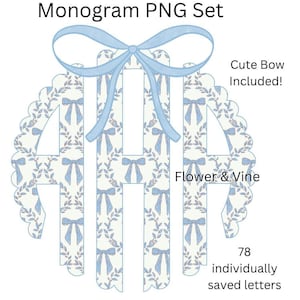 Monogramma fiocchi blu Monogramma fiocco di San Valentino PNG, Monogramma fiocco Coquette PNG Set alfabeto, Monogramma cuori PNG, Preppy