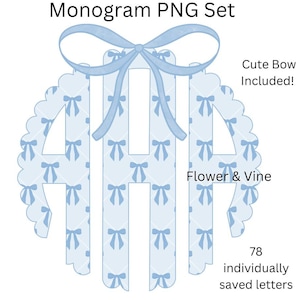 Monogramma fiocchi blu Monogramma fiocco di San Valentino PNG, Monogramma fiocco Coquette PNG Set alfabeto, Monogramma cuori PNG, Preppy