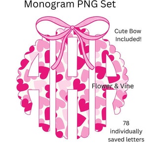 Rosa Herzen Valentinstag mit Schleifen-Monogramm PNG, Kokette Schleifen-Monogramm PNG Alphabet Set, Herz-Monogramm PNG, Hochzeit